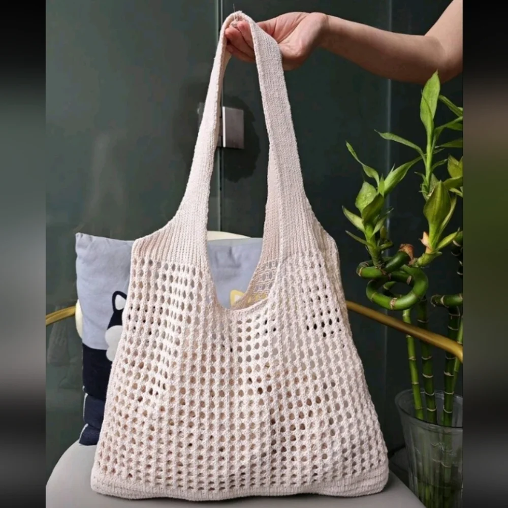 Boho Crochet Apricot Cream Tote Shoulder Bag Beach Bag